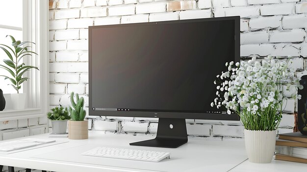 Un hermoso espacio de trabajo con un gran monitor, un teclado, un ratón y un jarrón de flores