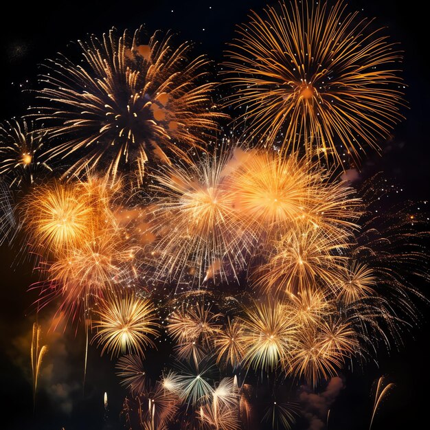 Hermoso espectáculo de fuegos artificiales coloridos en el cielo por la noche para celebrar la fiesta de feliz año nuevo y copiar el espacio