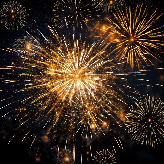 Foto hermoso espectáculo de fuegos artificiales coloridos en el cielo por la noche para celebrar la fiesta de feliz año nuevo y copiar el espacio