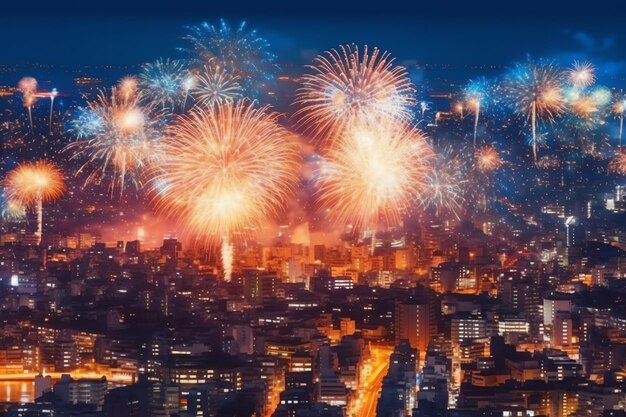 Hermoso espectáculo de fuegos artificiales con paisaje urbano por la noche para celebrar el feliz año nuevo Exhibición de fuegos artificiales