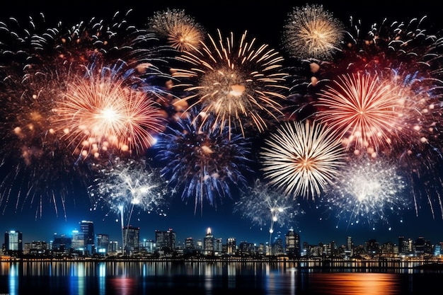 Hermoso espectáculo de fuegos artificiales con paisaje urbano por la noche para celebrar el feliz año nuevo Exhibición de fuegos artificiales