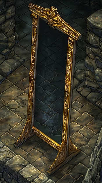 un hermoso espejo de pie dorado de longitud de piso con una superficie negra que se establece por sí mismo