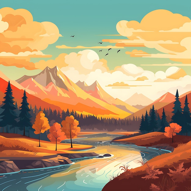 hermoso ESTILO DE ILUSTRACIÓN PLANA DE PAISAJE