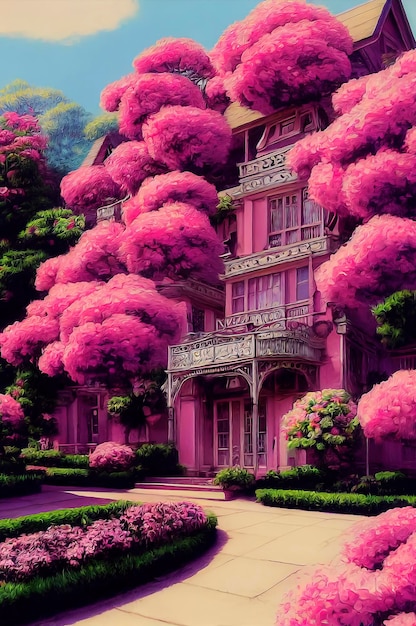 Hermoso exterior de una mansión de arquitectura rosa y púrpura rodeada de flores