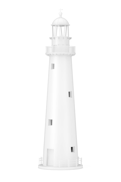 Hermoso faro antiguo blanco en estilo arcilla sobre un fondo blanco. Representación 3D