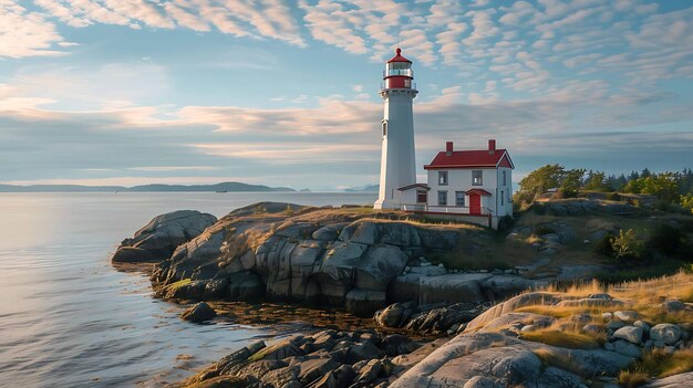 Un hermoso faro se encuentra en una costa rocosa con el sol saliendo detrás de él