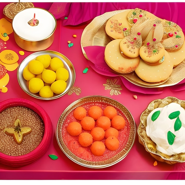 Hermoso Festival Diwali Dulces Deliciosa mezcla india de comida dulce en la mesa Celebrando AI Generate