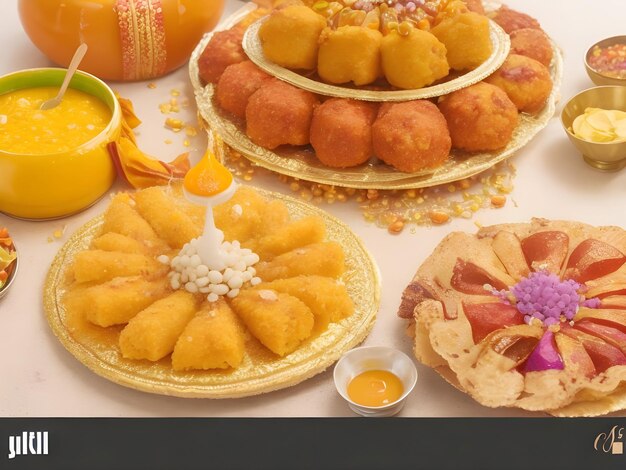 Hermoso Festival Diwali Dulces Deliciosa mezcla india de comida dulce en la mesa Celebrando AI Generate