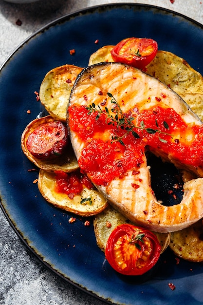 Hermoso filete de salmón con salsa de tomate y papas