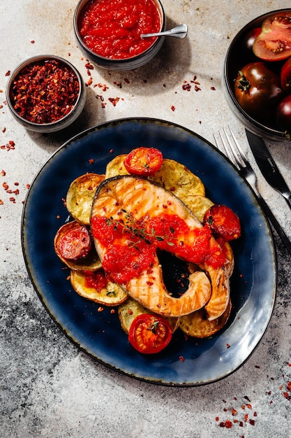 Hermoso filete de salmón con salsa de tomate y papas