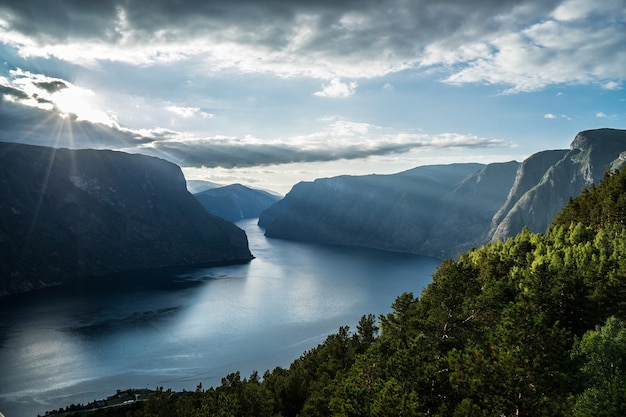 Foto hermoso fiordo en noruega. vista desde arriba.