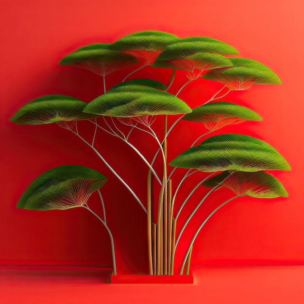 Hermoso follaje 3D de un árbol de bambú chino tropical con sombra de hojas de luz solar moteada en la pared roja