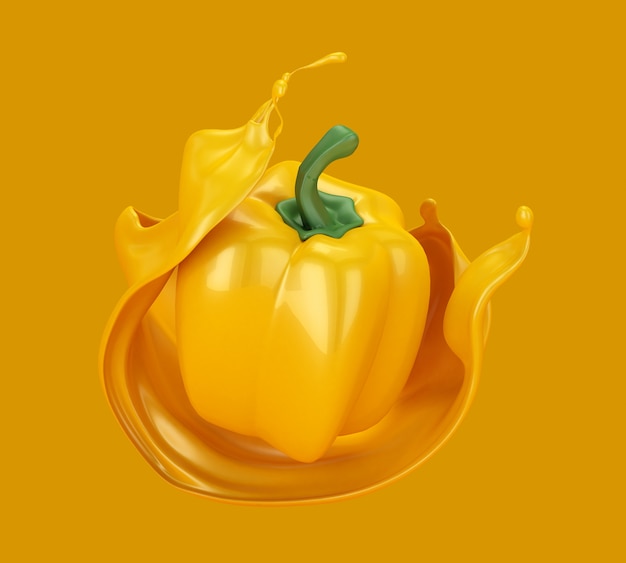 Hermoso fondo abstracto amarillo con pimienta y un poco de jugo. Ilustración 3d, representación 3d.