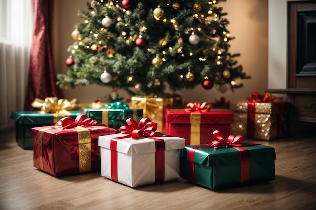 Hermoso fondo de Año Nuevo con un árbol de Navidad y un montón de regalos debajo