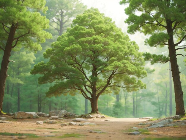 Un hermoso fondo de bosque con un árbol Renderizado en 3D