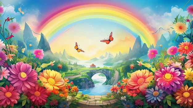 hermoso fondo de dibujos animados radiante Zinnia puente del arco iris