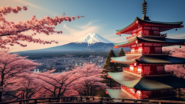 hermoso fondo emblemático de Japón con la montaña fuji y la pagoda