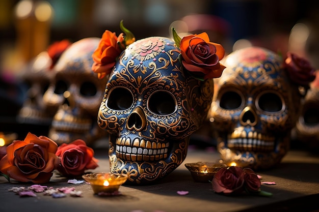 Hermoso fondo festivo día de los muertos ambiente ámbar y negro enfoque selectivo viejo mundo