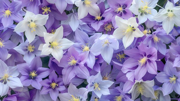 Un hermoso fondo floral con flores púrpuras y blancas Las flores son de diferentes tamaños y formas y están dispuestas en un patrón aleatorio