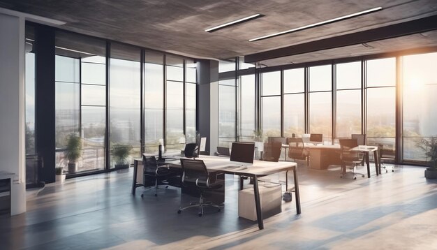 Hermoso fondo de un interior de oficina moderno y luminoso con ventanas panorámicas y hermosa iluminación