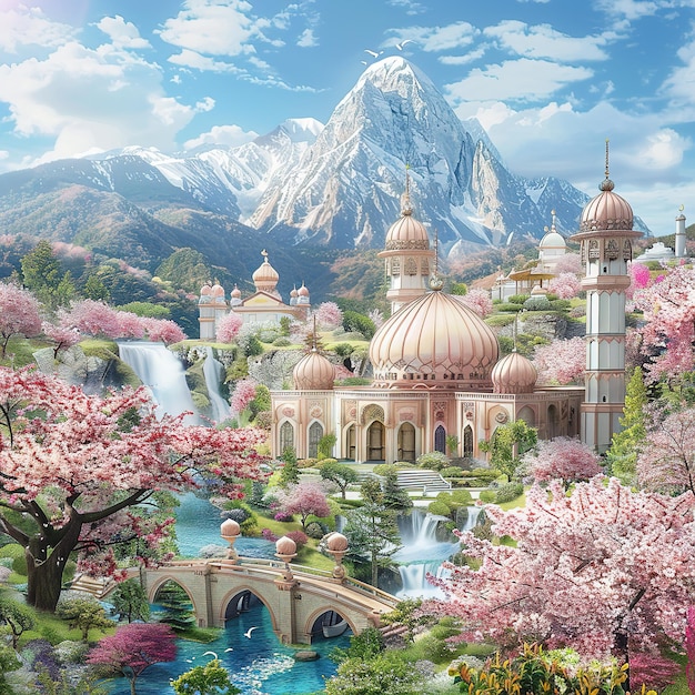 Un hermoso fondo de mezquita con exuberante vegetación flores en flor cascadas de cascadas y majestuoso