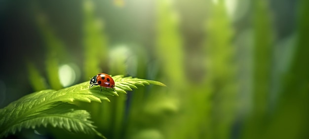 Hermoso fondo natural con hierba fresca matutina y mariquita roja en hoja verde Hierba y hojas de trébol en gotas de rocío al aire libre en verano en primavera macro de primer plano Plantilla para espacio de copia de diseño