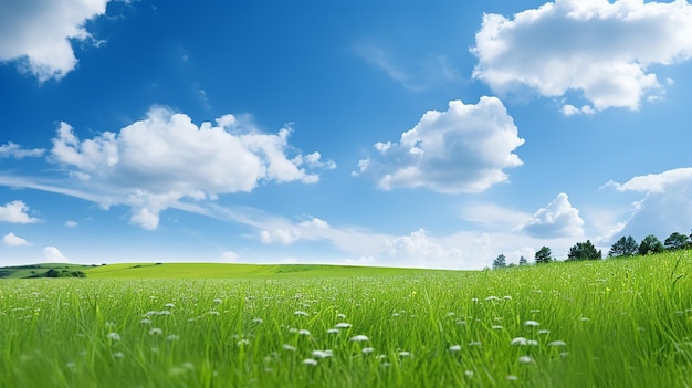 hermoso fondo natural con hierba verde y cielo azul con nubes blancas en verano