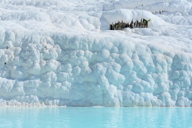 Hermoso fondo natural con pared de piedra caliza blanca y agua termal desenfocada Enfoque selectivo suave Belleza de la naturaleza Concepto de salud y bienestar