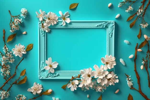 Hermoso fondo de naturaleza primaveral con hermosa flor, pétalo a en marco de fondo azul turquesa