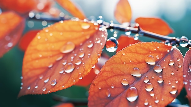 El hermoso fondo de la naturaleza de la rocía de la mañana de otoño El follaje brillante de primer plano de otoño con gotas de agua