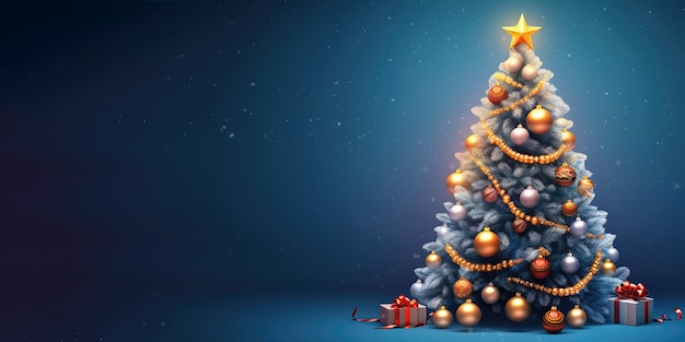 Hermoso fondo navideño festivo árbol de Navidad decorado con bolas en un fondo azul formato de estandarte copia espacio generado por IA