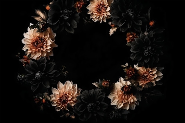 Hermoso fondo negro con flores y espacio de copia Espacio vacío para texto Marco de fondo oscuro IA generativa