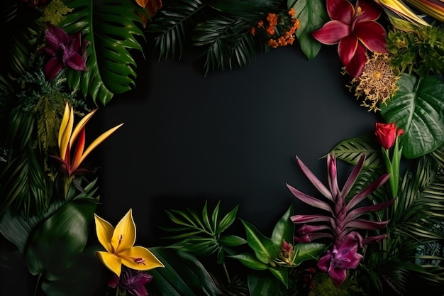 Hermoso fondo negro con flores y espacio de copia Espacio vacío para texto Marco de fondo oscuro IA generativa