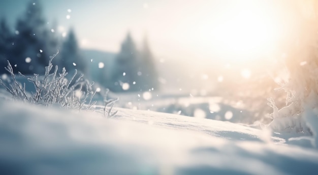 Foto hermoso fondo de nieve de invierno espacio en blanco en el centro luz del sol fugas para eventos de navidad