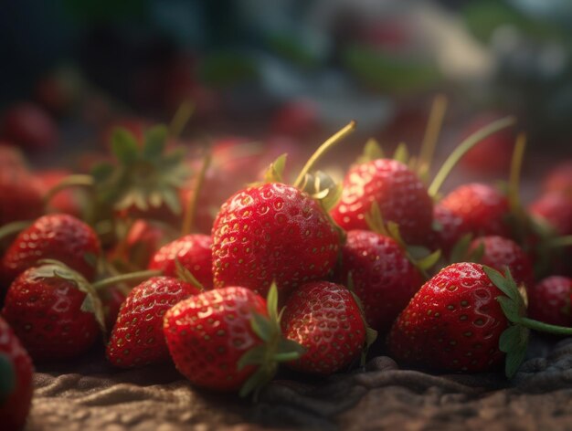 Hermoso fondo orgánico de fresa recién cosechada creado con tecnología de IA generativa