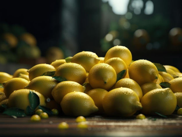 Hermoso fondo orgánico de limones recién recogidos creado con tecnología de IA generativa