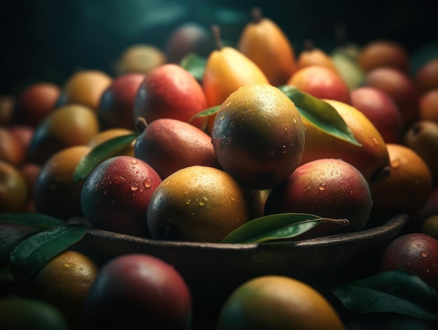 Hermoso fondo orgánico de mango recién cosechado creado con tecnología de IA generativa