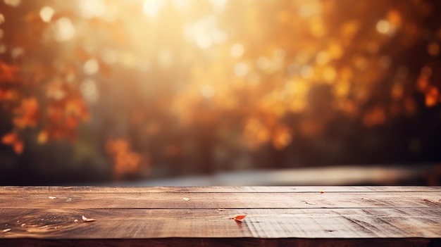 Hermoso fondo otoñal con una vieja mesa de madera rústica vacía con fondo borroso