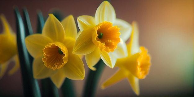 Hermoso fondo panorámico de la naturaleza primaveral con flores de narciso enfoque selectivo AI generado