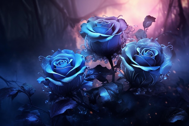 Hermoso fondo de pantalla con rosas azules en el místico ai generativo de la luz de la luna.