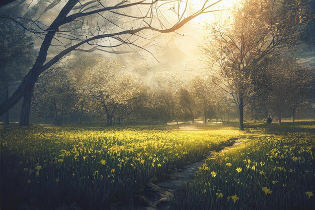 Hermoso fondo del parque natural en primavera con destellos de sol Día soleado Flores en primavera