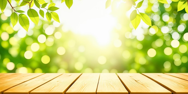 Hermoso fondo de primavera con follaje joven jugoso verde y mesa de madera vacía en la naturaleza al aire libre Plantilla natural con Bokeh de belleza y luz solar AI generativa