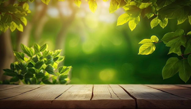 Hermoso fondo de primavera con mesa de madera verde y vacía Espacio de plantilla natural para texto