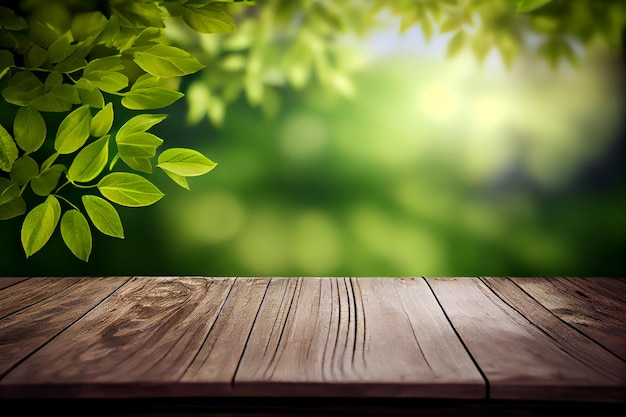 Hermoso fondo primaveral con follaje joven verde y jugoso y mesa de madera vacía en la naturaleza al aire libre Generado por IA