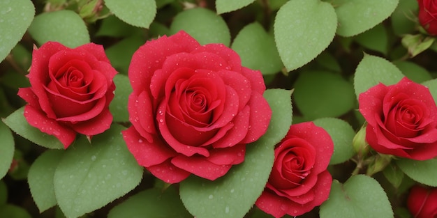 Hermoso fondo de rosas rojas con hojas verdes con gotas de rocío