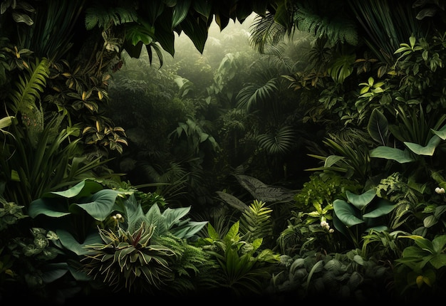 Hermoso fondo de selva con borde hecho de hojas tropicales como telón de fondo con espacio de copia