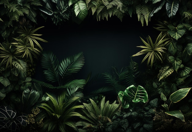 Foto hermoso fondo de selva con borde hecho de hojas tropicales como telón de fondo con espacio de copia