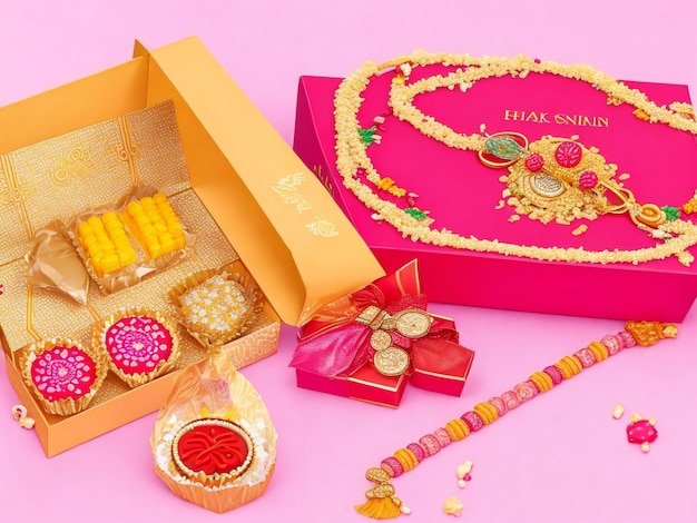 Hermoso fondo tradicional hindú del festival raksha bandhan y caja de regalo generada por ai