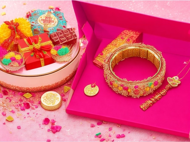 Hermoso fondo tradicional hindú del festival raksha bandhan y caja de regalo generada por ai