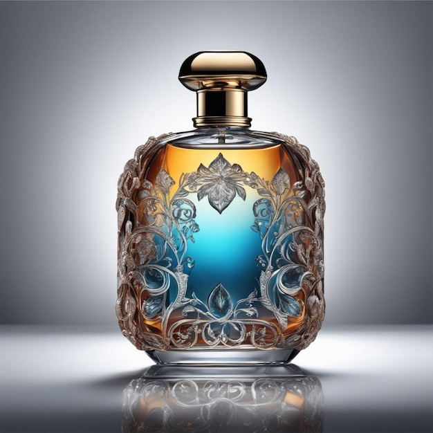 Un hermoso frasco de perfume con agua y una caja oscura de lujo presentada en un ambiente oscuro